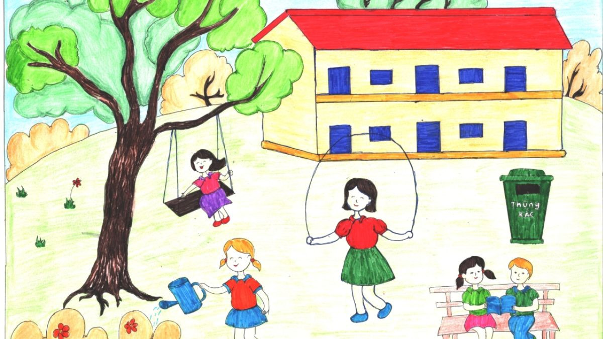 Tranh vẽ trường học hai tầng, có cờ và bảng tên, đơn giản nhưng chi tiết