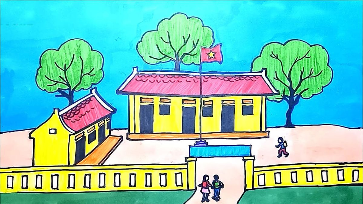 Ý tưởng vẽ trường học với cây cối và đám mây, bối cảnh thân thiện
