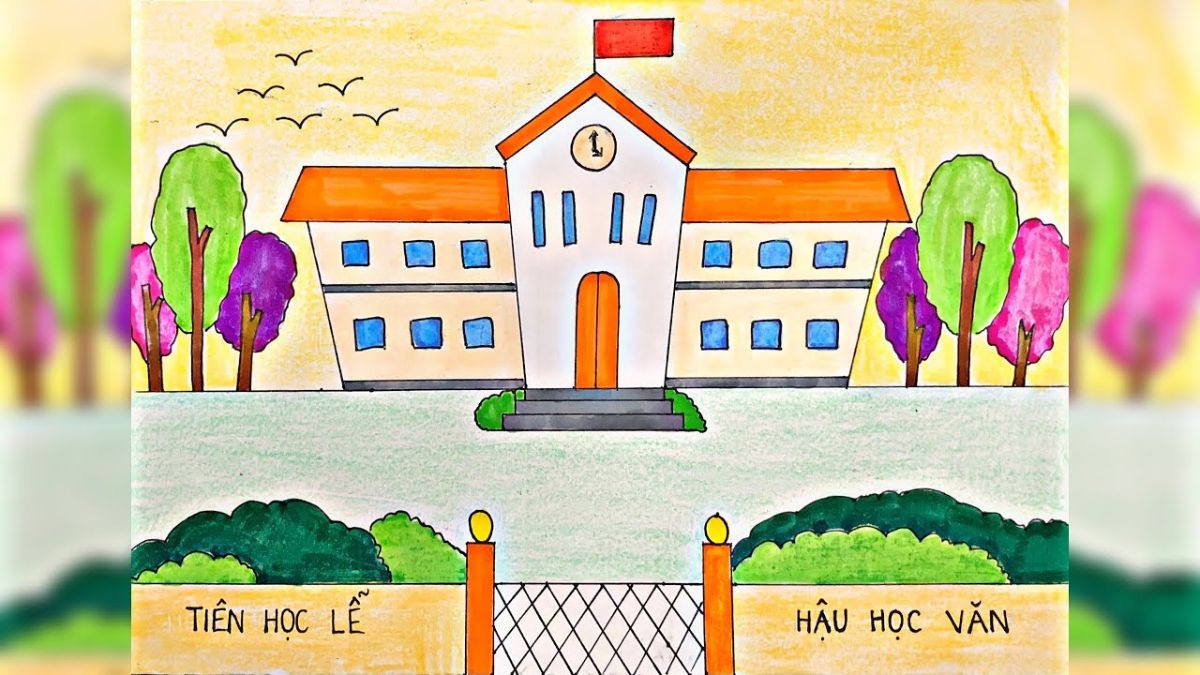 Tranh vẽ trường học với khu vườn nhỏ, cảnh quan trường học gần gũi