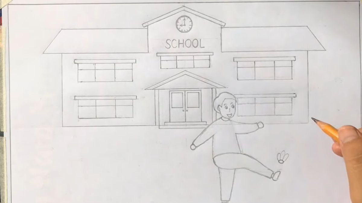 Các chi tiết trường học khi vẽ: cửa chính, cửa sổ, mái nhà và sân trường