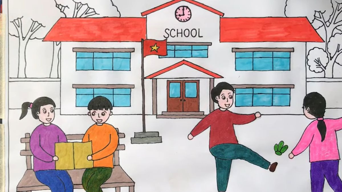 Tô màu hoàn thiện tranh vẽ trường học đơn giản, màu sắc tươi sáng cho bé