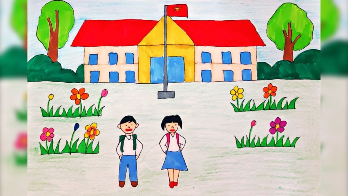 Tranh vẽ trường học với cổng chào và lá cờ Việt Nam, hình ảnh thân thuộc
