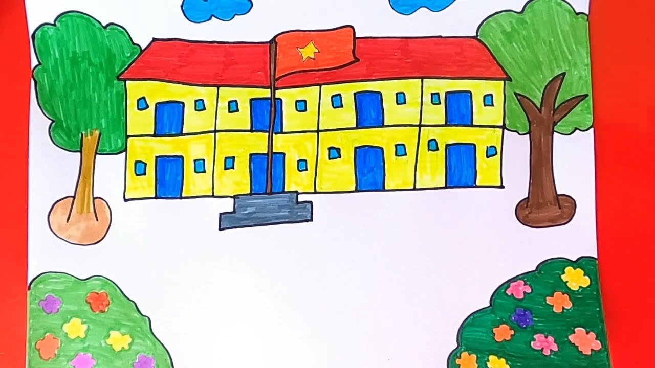 Tranh vẽ trường học với lớp học, thầy cô và học sinh, môi trường giáo dục