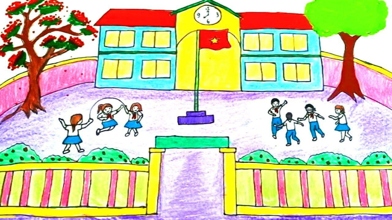 Mẫu tranh vẽ trường học đơn giản với sân rộng, dễ dàng cho bé thực hành