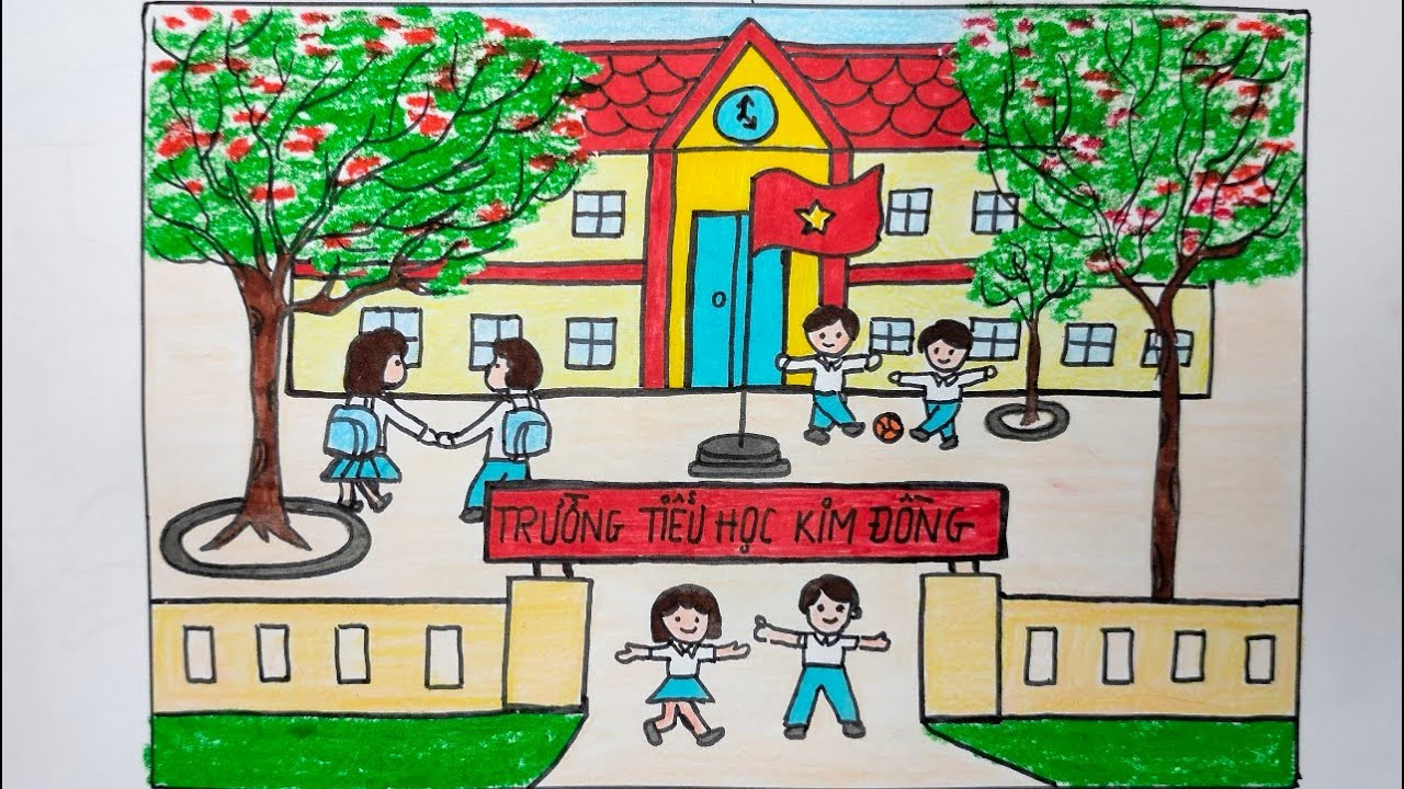 Tranh vẽ trường học với khu vực trồng cây, giáo dục môi trường cho trẻ