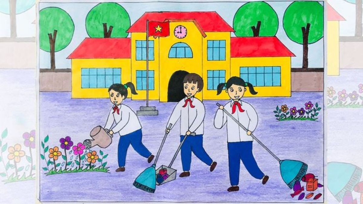 Tranh vẽ trường học với cổng chính và sân trường rộng lớn, không khí học tập