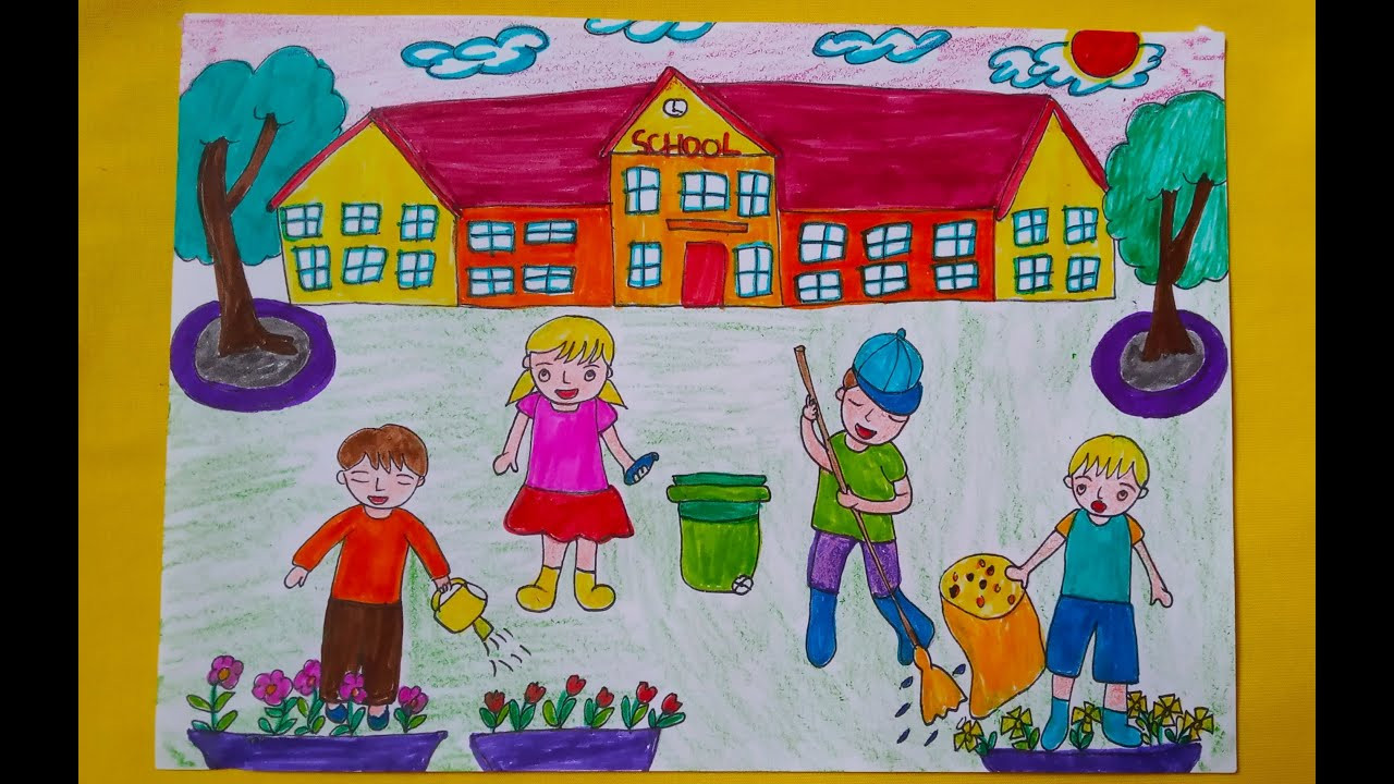 Mẫu tranh vẽ trường học với nhiều hoạt động vui chơi, giúp bé sáng tạo