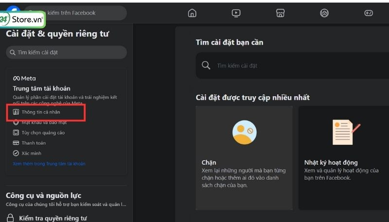 Giao diện Trung tâm tài khoản Meta trên máy tính