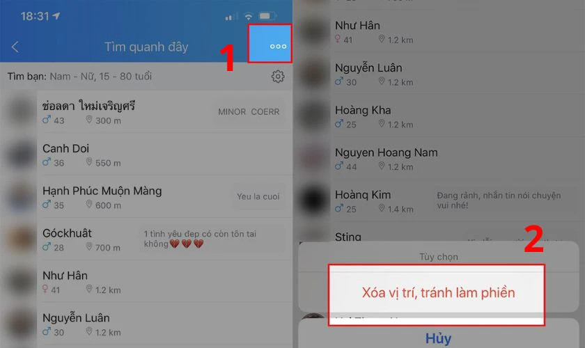 Xóa vị trí và tránh làm phiền trên Zalo Tìm quanh đây