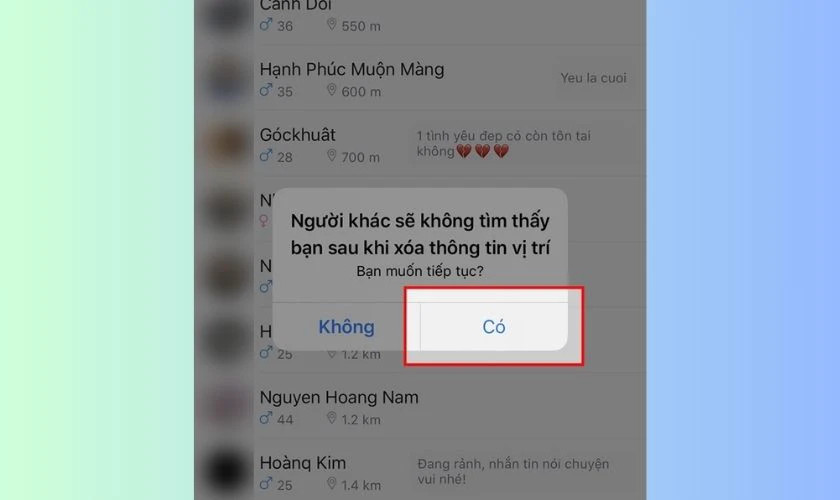 Xác nhận tắt tính năng Tìm quanh đây trên Zalo