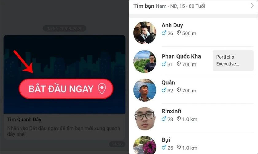 Danh sách người dùng Zalo gần đây khi bật tính năng Tìm quanh đây