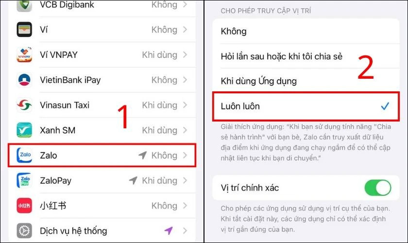 Cho phép Zalo truy cập vị trí luôn luôn trên iOS
