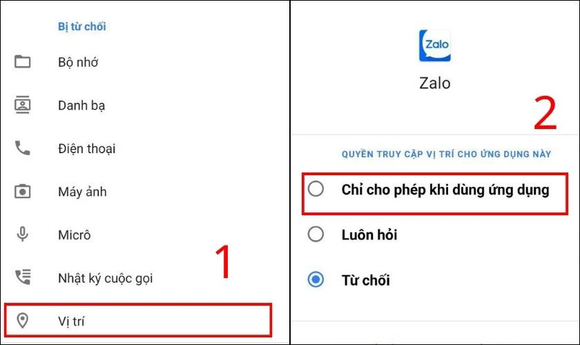 Cho phép Zalo dùng vị trí khi ứng dụng hoạt động trên Android