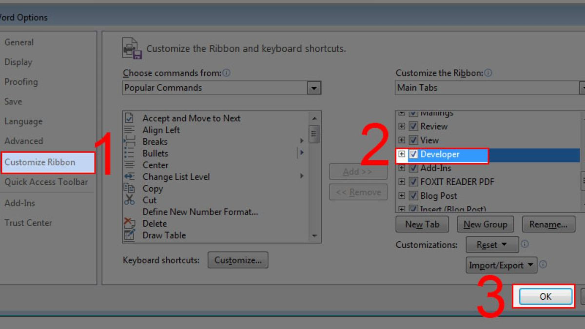 Bước 3: Bật tab Developer trong Customize Ribbon