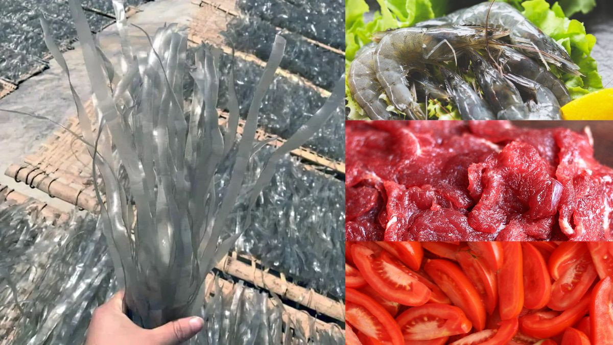 Nguyên liệu món ăn miến dong sợi to nấu tôm tươi và thịt bò