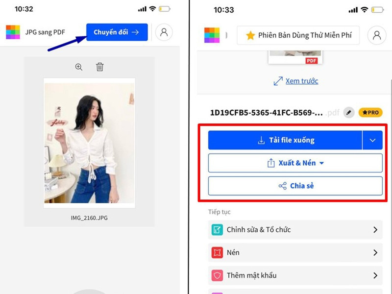 Tùy chọn tải xuống, xuất hoặc chia sẻ file PDF đã chuyển đổi