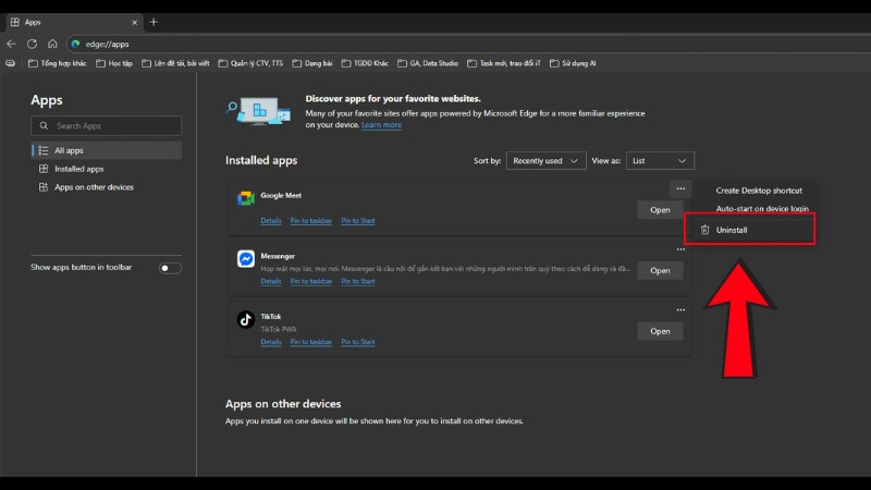 Gỡ cài đặt ứng dụng Google Meet trên trình duyệt Chrome/Edge
