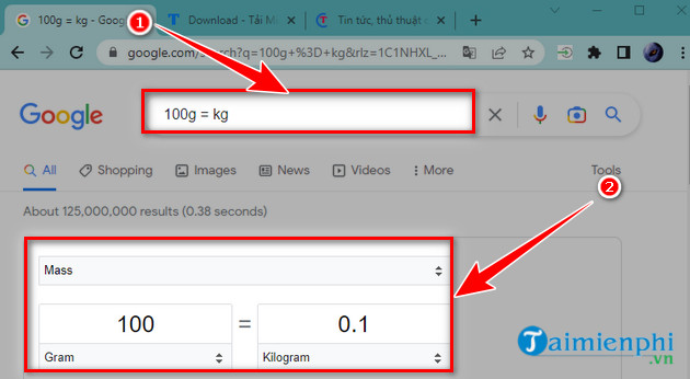 Chuyển đổi 100g sang kg bằng công cụ tìm kiếm Google