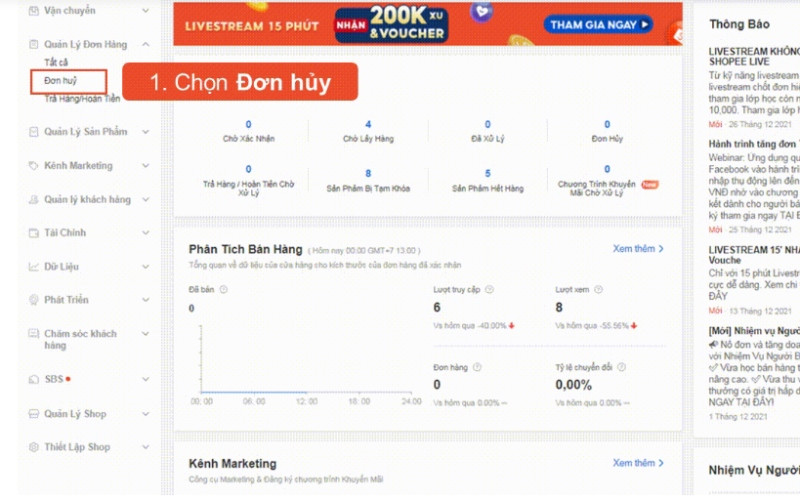 Giao diện quản lý đơn hàng của người bán trên Shopee