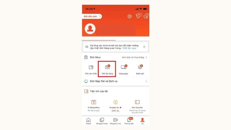 Giao diện Shopee hiển thị trạng thái đơn hàng chờ giao hàng