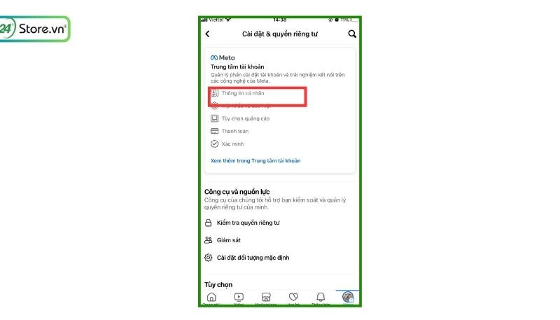 Chọn Thông tin cá nhân để quản lý tài khoản Facebook