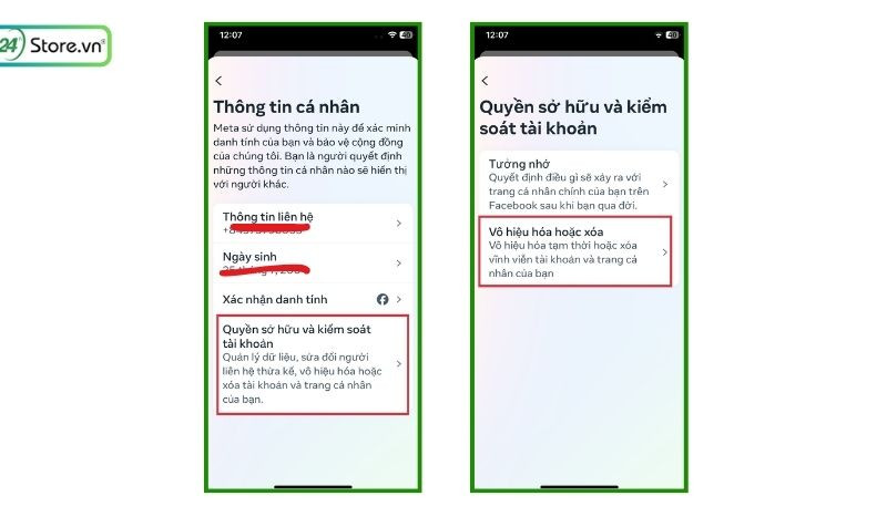 Quy trình xóa tài khoản Facebook: Chọn Vô hiệu hóa hoặc xóa