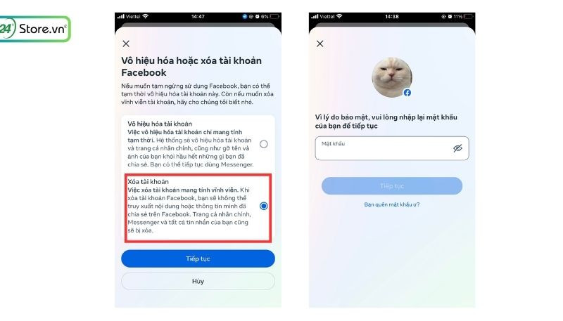 Xác nhận mật khẩu để hoàn tất xóa tài khoản Facebook vĩnh viễn