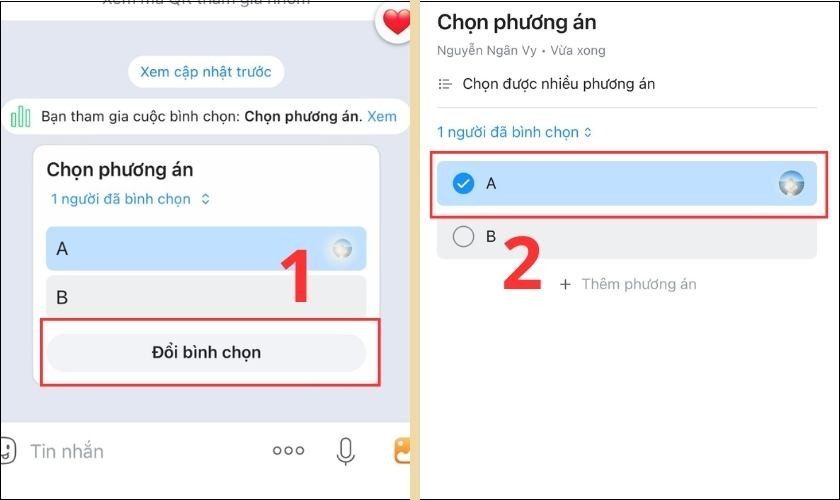 Nút &quot;Đổi lựa chọn&quot; trong giao diện bình chọn Zalo trên điện thoại.