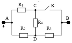 Mạch điện với R1, R2, R3, R4 và khóa K