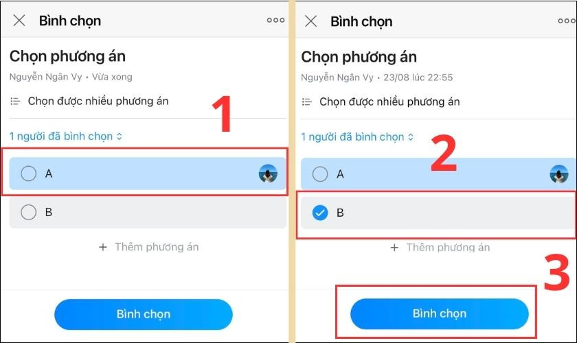Hủy chọn hoặc chọn lại phương án bình chọn trên Zalo và nhấn &quot;Bình chọn&quot;.