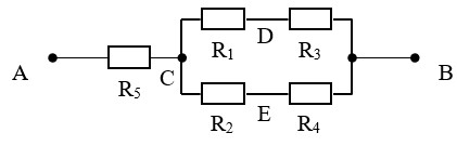 Sơ đồ mạch điện phức tạp với 5 điện trở và các điểm A, B, C, D, E