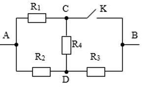 Sơ đồ mạch điện với khóa K và R1, R2, R3, R4