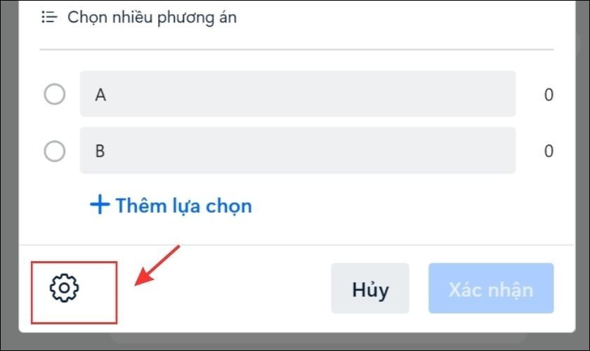 Biểu tượng cài đặt (bánh răng) để khóa bình chọn trên Zalo máy tính.