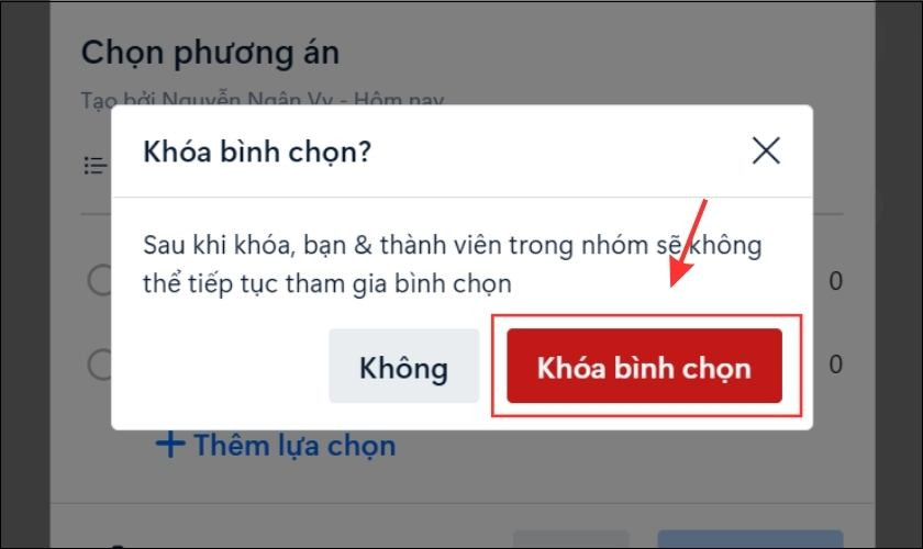 Xác nhận khóa cuộc bình chọn trên Zalo máy tính.