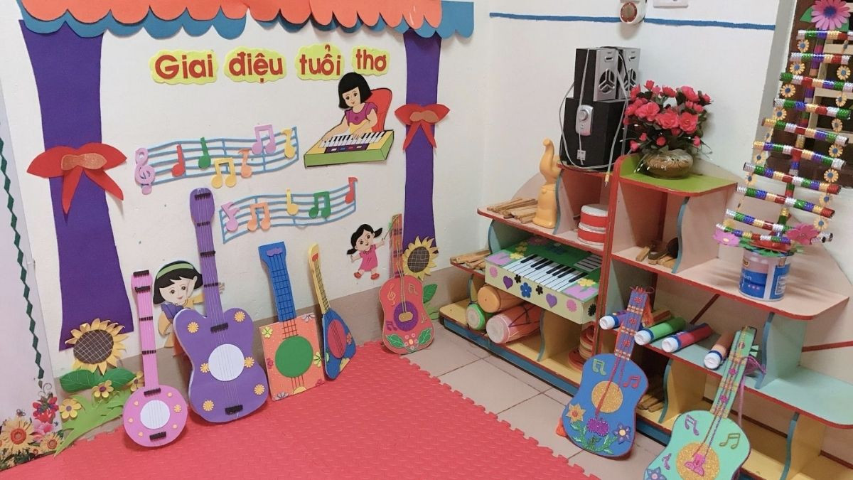 Góc âm nhạc mầm non với các dụng cụ an toàn, màu sắc tươi sáng