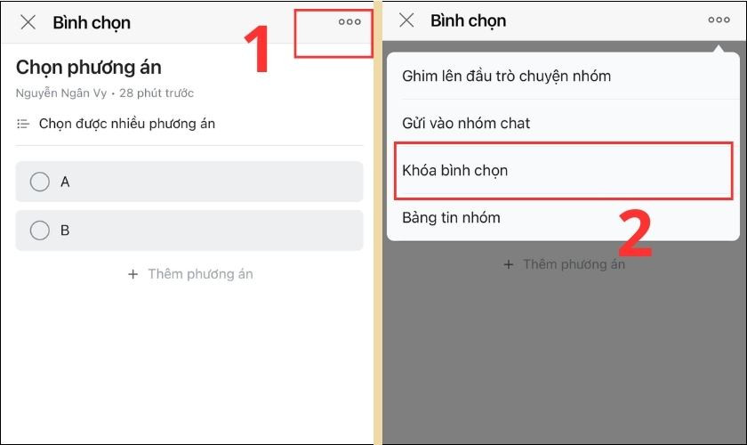 Thực hiện khóa bình chọn Zalo trên điện thoại bằng cách chọn &quot;Khóa bình chọn&quot;.