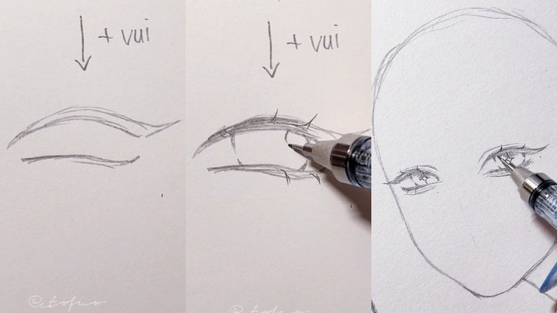 Vẽ mắt cười với mí dưới cong lên như mắt híp và điểm long lanh