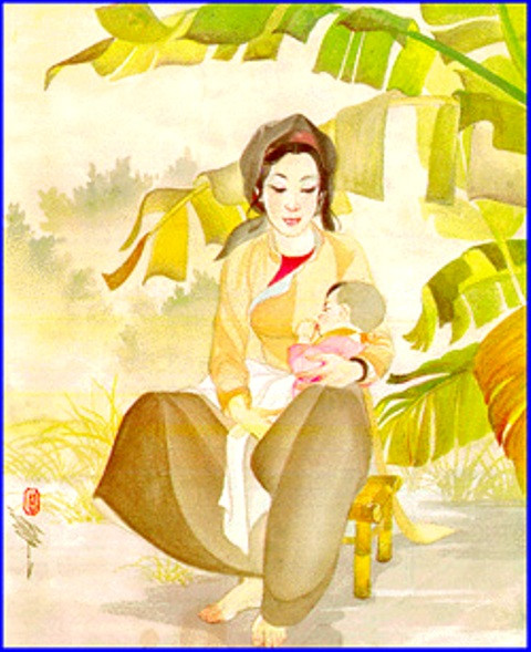 Người mẹ đang ôm và ru con ngủ trong ngôi nhà đơn sơ